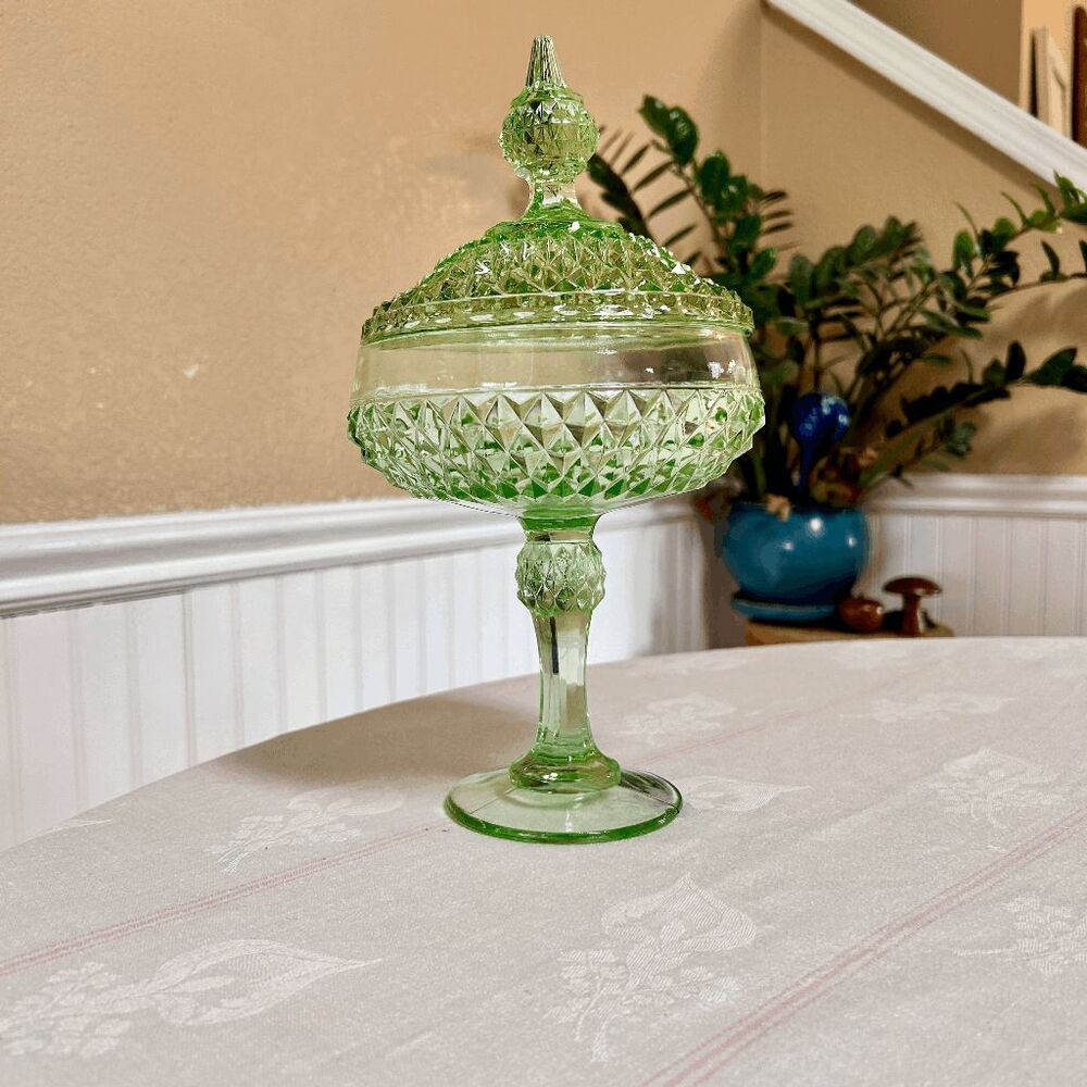 Vintage Indiana Glass Green Diamond Point Pedestal Footed Dish w/ Lid